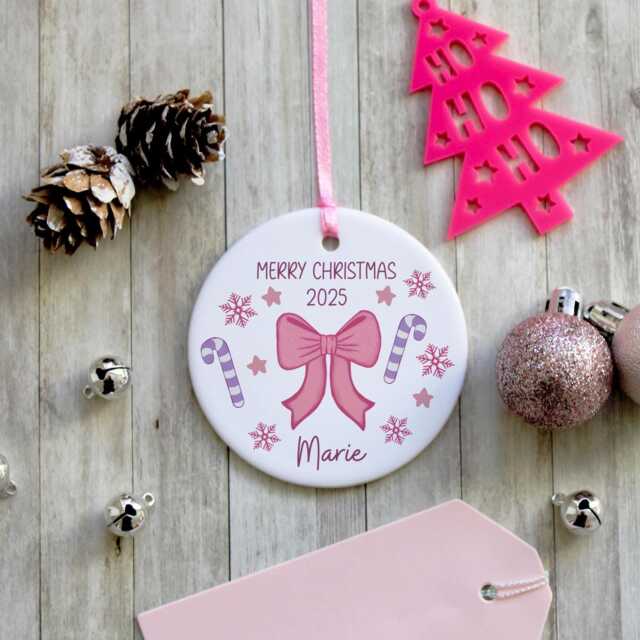Personalised Pink Bow Christmas Tree Ornament - Elegant Holiday Decoration, Feminine Accent, Blush Ribbon Keepsake Gift - image 1