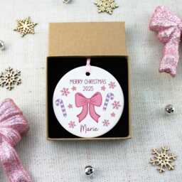 Personalised Pink Bow Christmas Tree Ornament - Elegant Holiday Decoration, Feminine Accent, Blush Ribbon Keepsake Gift - thumbnail 2