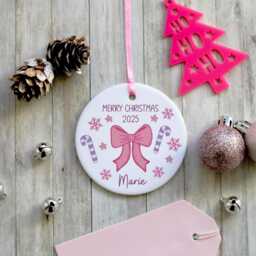 Personalised Pink Bow Christmas Tree Ornament - Elegant Holiday Decoration, Feminine Accent, Blush Ribbon Keepsake Gift - thumbnail 1