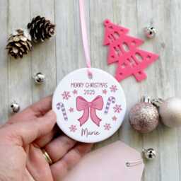 Personalised Pink Bow Christmas Tree Ornament - Elegant Holiday Decoration, Feminine Accent, Blush Ribbon Keepsake Gift - thumbnail 3
