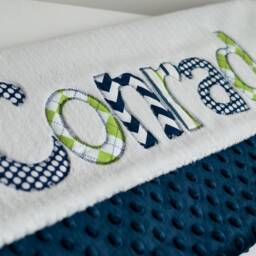 Monogrammed Baby Blanket in Ocean, Navy Blue Dot Minky & White Chenille, Personalized With Your Boy's First Name Lime And - thumbnail 2