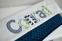 Monogrammed Baby Blanket in Ocean, Navy Blue Dot Minky & White Chenille, Personalized With Your Boy's First Name Lime And - thumbnail 1