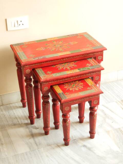 Wooden Nesting Tables Set Of 3 - Handmade Hand Painted Indian Style Side & End Tables, Bedside Stools - image 1