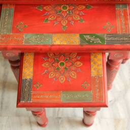 Wooden Nesting Tables Set Of 3 - Handmade Hand Painted Indian Style Side & End Tables, Bedside Stools - thumbnail 4