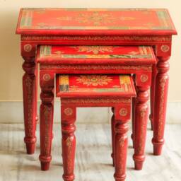Wooden Nesting Tables Set Of 3 - Handmade Hand Painted Indian Style Side & End Tables, Bedside Stools - thumbnail 2