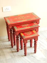 Wooden Nesting Tables Set Of 3 - Handmade Hand Painted Indian Style Side & End Tables, Bedside Stools - thumbnail 1
