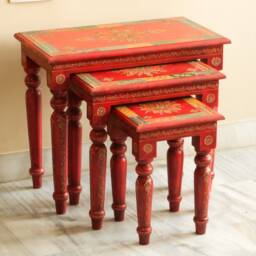Wooden Nesting Tables Set Of 3 - Handmade Hand Painted Indian Style Side & End Tables, Bedside Stools - thumbnail 3