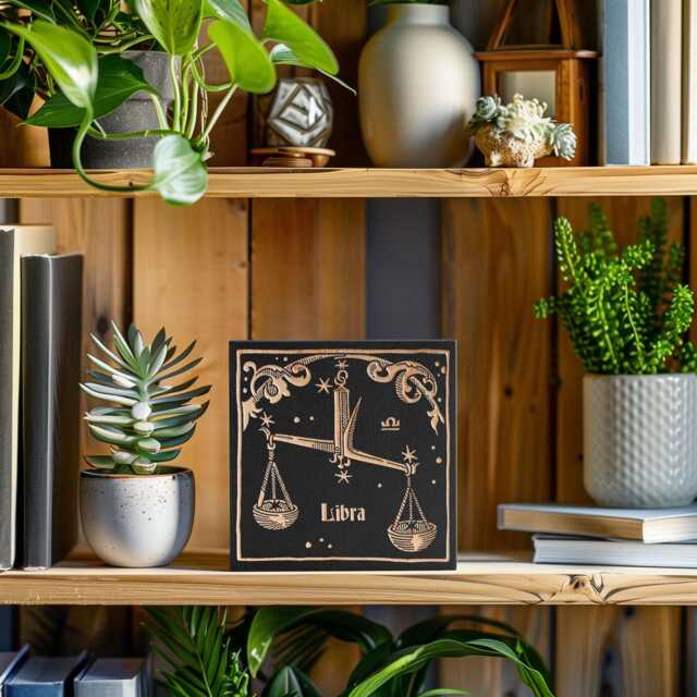 Libra Zodiac Engraved Birch Wood Panel - Block Print Style Wall Art, Astrology Sign Illustration, Astrological Decor Gift - image 1