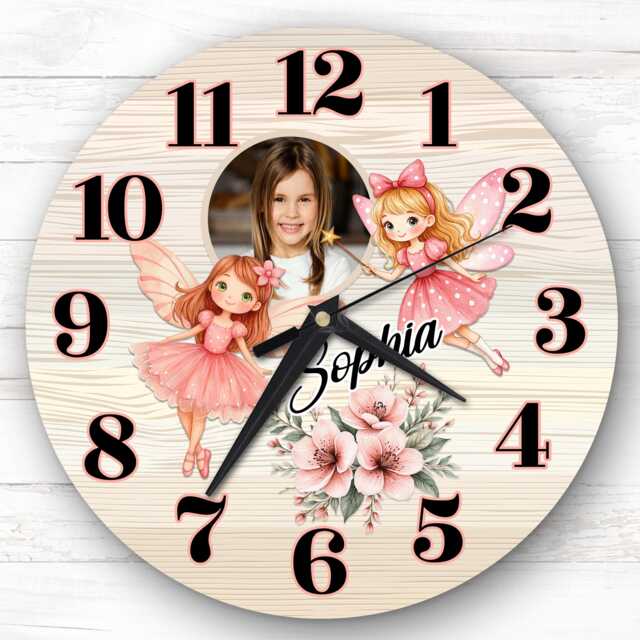 Girls Pink Fairies Photo Personalised Gift For Kid's Bedroom Clock - Kids Clock, Children's , Custom Wall - image 1