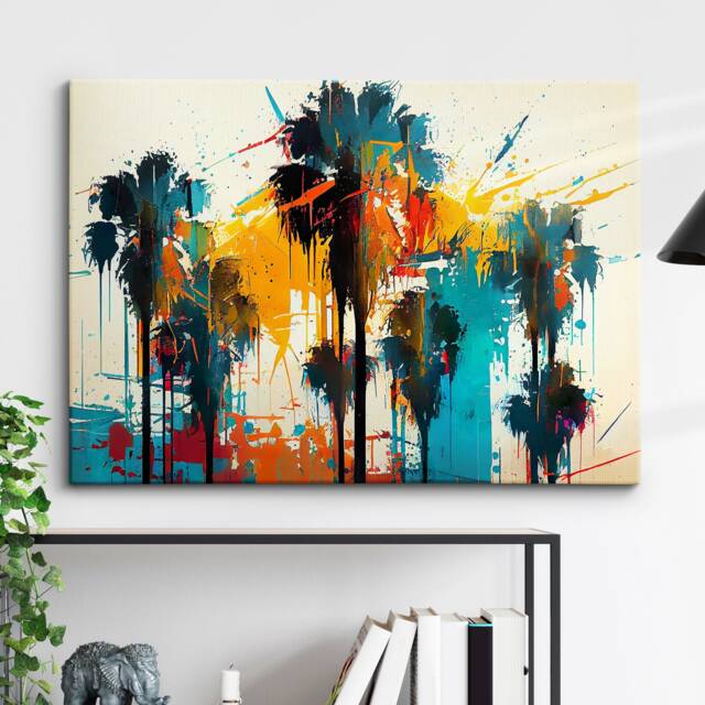 Bright & Colorful Palm Trees Modern Abstract Painting Wall Art, Framed Canvas Poster Print, Home Kitchen Office Room Decor, Gifts - image 1