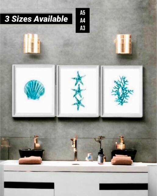Set Of 3 Beach Themed Watercolour Bathroom Wall Gicl??e Poster Prints Pictures - A5 A4 A3 Art Decor New Home Gift - image 1