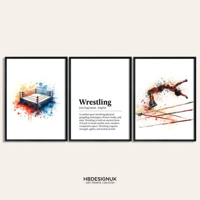 Wrestling Print Poster Set - Of 3 Posters - Watercolour Art Painting Wrestler Decoration Decor Sports Gifts Gift Ideas - image 1