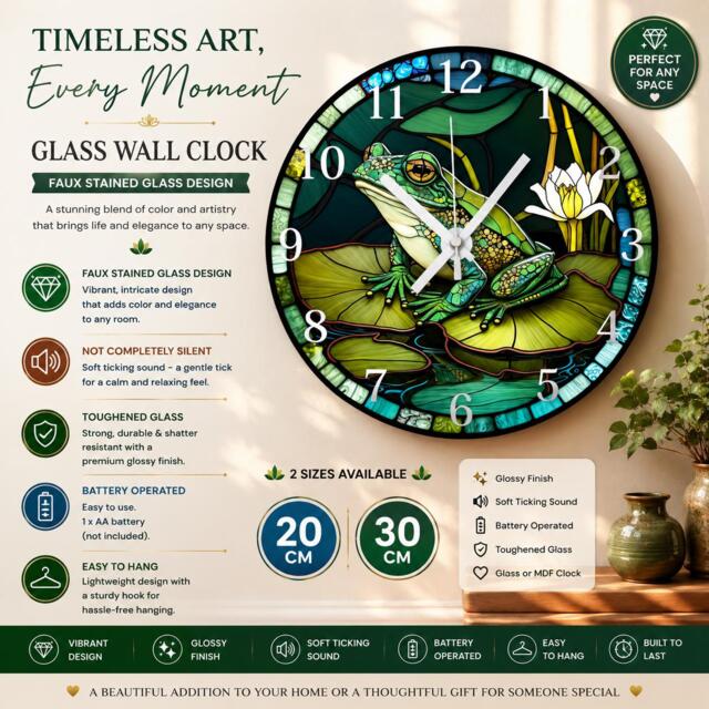 Frog Glass Or Mdf Wall Clock Faux Stained Decor - image 1