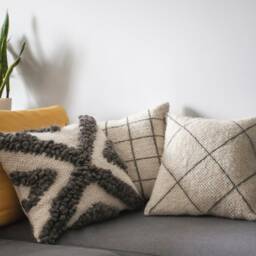 Handwoven Wool Pillow, Sheep Rustic Pillow Cover, Ivory & Gray Fluffy Cushion, Boho Scandinavian Home Decor, Housewarming Gift - thumbnail 2