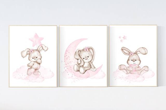 Bunny Nursery Print Set Pink Flower Rabbit Wall Art - image 1