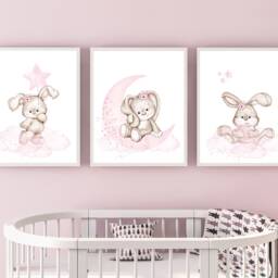 Bunny Nursery Print Set Pink Flower Rabbit Wall Art - thumbnail 2