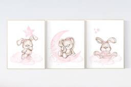 Bunny Nursery Print Set Pink Flower Rabbit Wall Art - thumbnail 1