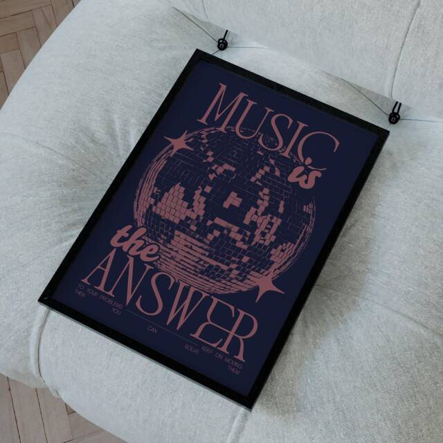 Music Is The Answer Print - Disco Ball House Poster Wall Art Funky Groovy Bold Typographic Dj Decor - image 1