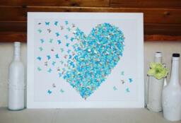 Blue & White Butterflies Painting, Wall Art, 3D Paper Art, Wedding Decoration, Handmade D??cor, Home Decor, White Heart - thumbnail 1