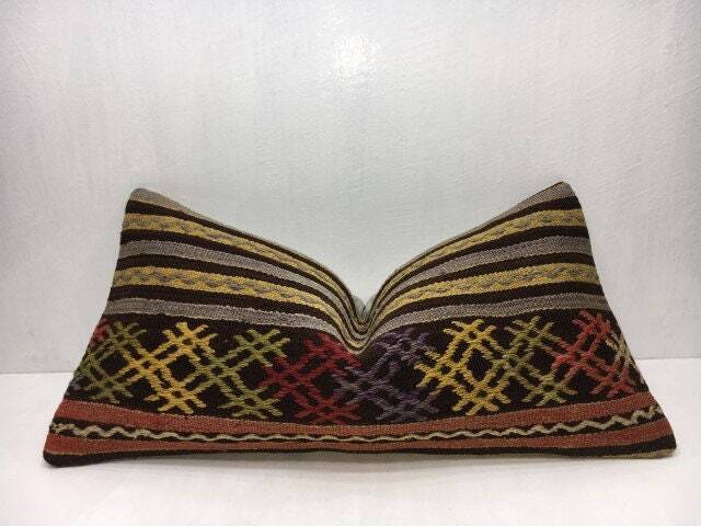 Vintage Kilim Lumbar Pillow Cover, Handwoven Turkish Bohemian Accent - 12x24 - image 1