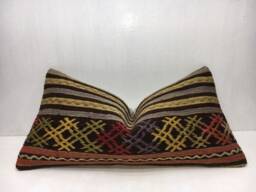 Vintage Kilim Lumbar Pillow Cover, Handwoven Turkish Bohemian Accent - 12x24 - thumbnail 1