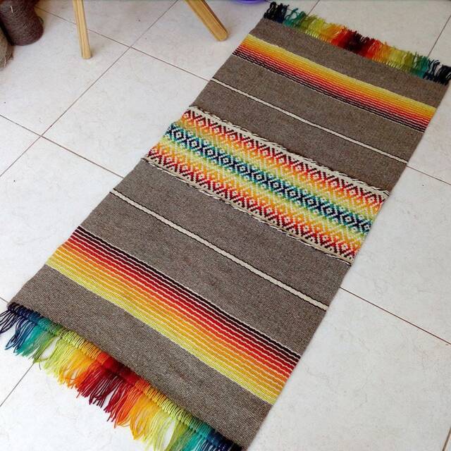 Handwoven Colorful Boho Rug - Wool in Red, Yellow, Orange, Green, Blue & Natural Grey White With Tassels/Fringes - image 1