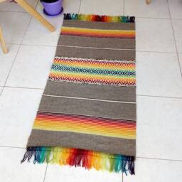 Handwoven Colorful Boho Rug - Wool in Red, Yellow, Orange, Green, Blue & Natural Grey White With Tassels/Fringes - thumbnail 3
