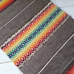 Handwoven Colorful Boho Rug - Wool in Red, Yellow, Orange, Green, Blue & Natural Grey White With Tassels/Fringes - thumbnail 2