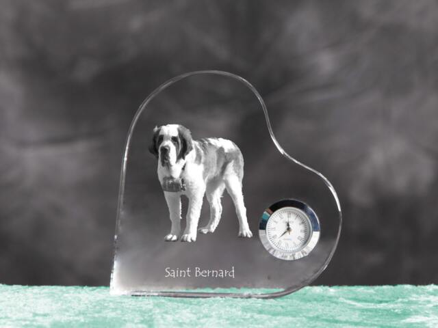 st. Bernard - Crystal Clock in The Shape Of A Heart With Image Pure-Bred Dog - image 1