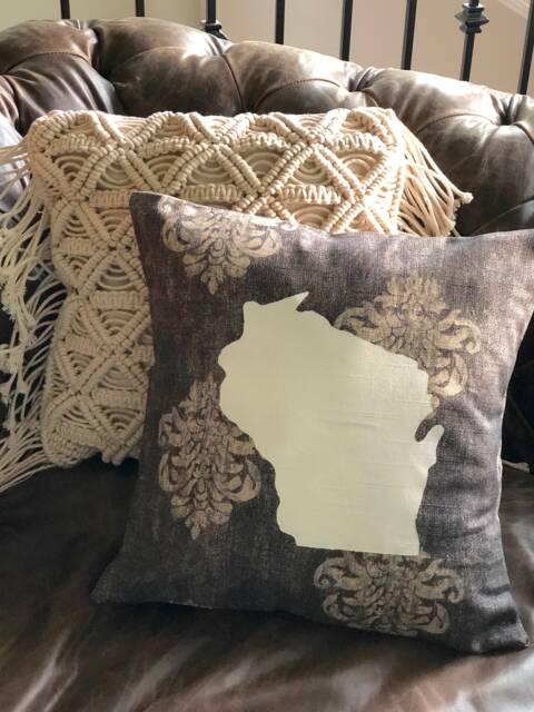 Wisconsin State Pillow, Hand-Stenciled With Button Pin - image 1