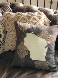 Wisconsin State Pillow, Hand-Stenciled With Button Pin - thumbnail 1