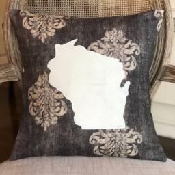 Wisconsin State Pillow, Hand-Stenciled With Button Pin - thumbnail 2