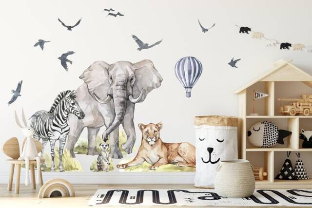 Safari Nursery Wall Decals Elephant & Lioness Watercolor Stickers - image 1