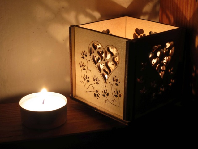 Wooden Candle Holder Hearts & Flowers Tea Light Lantern - image 1