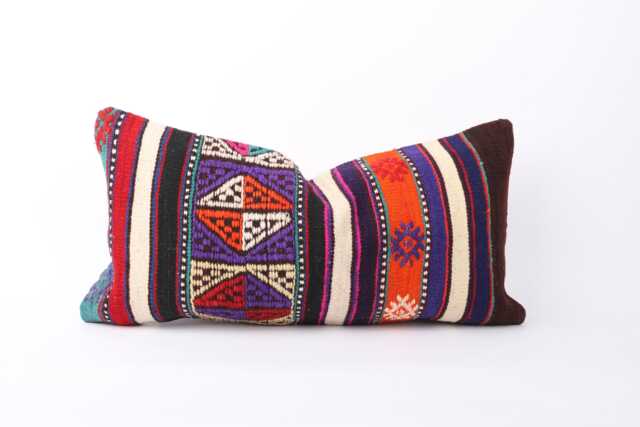 Kilim Lumbar Pillow Cover Turkish Wool Cushion, Bohemian Decor - 12x24 - image 1