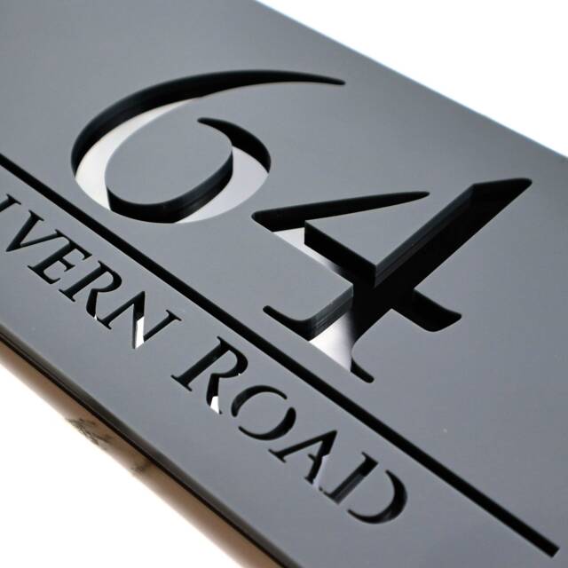 K Smart Sign - Bellissima H3 Laser Cut Matt Gray Plaques & Gloss Black Mirror Floating House Door Numbers Plaque 300mm X 160mm - image 1