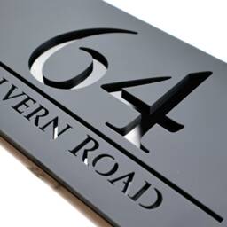 K Smart Sign - Bellissima H3 Laser Cut Matt Gray Plaques & Gloss Black Mirror Floating House Door Numbers Plaque 300mm X 160mm - thumbnail 1