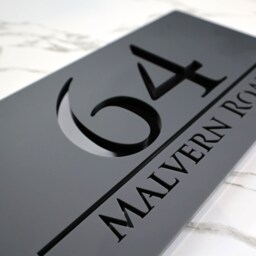 K Smart Sign - Bellissima H3 Laser Cut Matt Gray Plaques & Gloss Black Mirror Floating House Door Numbers Plaque 300mm X 160mm - thumbnail 3