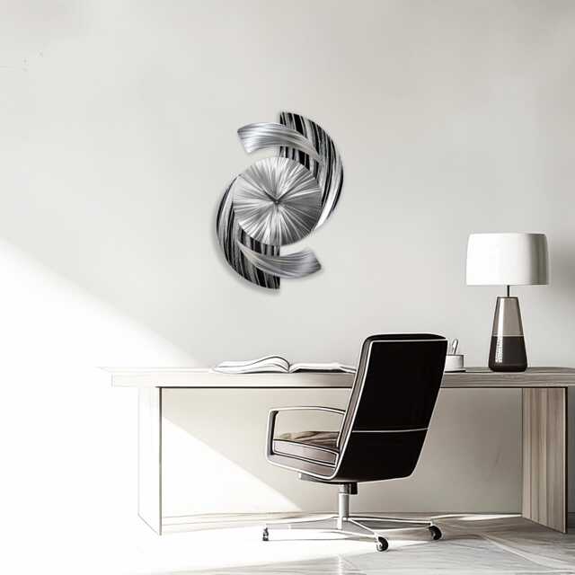 Wall Clock Black & Silver Metal Art Sculpture For Home Decor - image 1