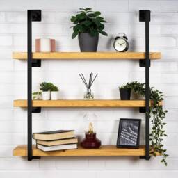 Wall Mounted Shelving Unit With Reclaimed Wooden Shelves - Black Powder Coated Box Steel Style - thumbnail 3