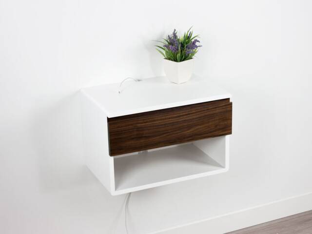 Blanca Walnut Floating Nightstand Shelf - Drawer With Open Shelf, High End Lacquer Finish - image 1