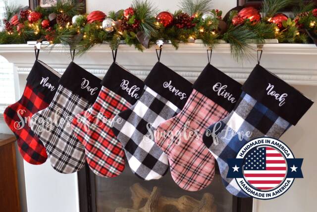 Personalized Farmhouse Christmas Stocking Red & Black Plaid, Handmade With Embroidered Name - image 1