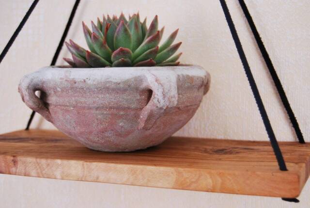 Wall Shelf, Shelf Made Of Olive Wood Leather Belts - image 1