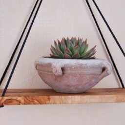 Wall Shelf, Shelf Made Of Olive Wood Leather Belts - thumbnail 2