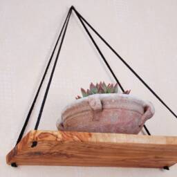 Wall Shelf, Shelf Made Of Olive Wood Leather Belts - thumbnail 3