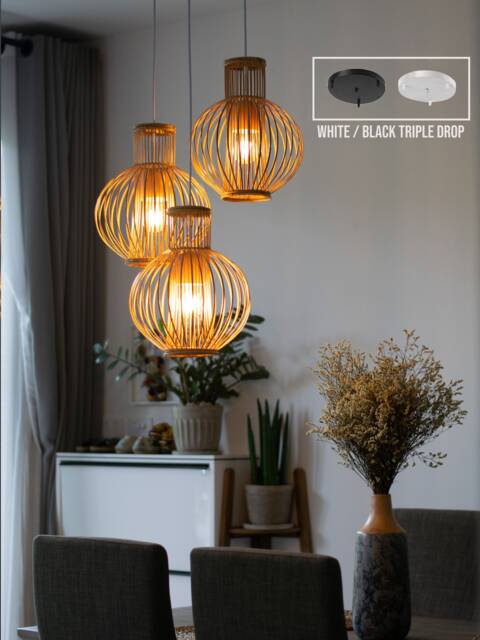 Set Of 3 - Triple Drop Canopy Bamboo Rattan Pendant Light Handmade Wood Basket Lamp Natural Vase Droplet Shade Lighting Hardwired Ceiling