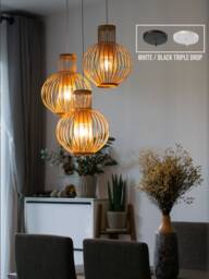 Set Of 3 - Triple Drop Canopy Bamboo Rattan Pendant Light Handmade Wood Basket Lamp Natural Vase Droplet Shade Lighting Hardwired Ceiling - thumbnail 1