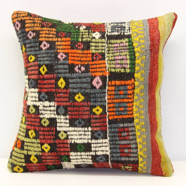 Vintage Kilim Pillow Cover 16x16 Boho Home Decor, Natural Dye - image 1