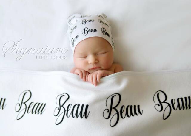Personalized Baby Blanket, Hat, Name Swaddle Receiving Shower Gift, Birth Announcement Hat - image 1