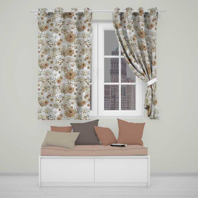 Elegant Vintage Floral Roses Peonies Daisy Seamless Pattern Neutral Beige Readymade Eyelet Ring Top Thermal 100% Blackout Curtains - image 1